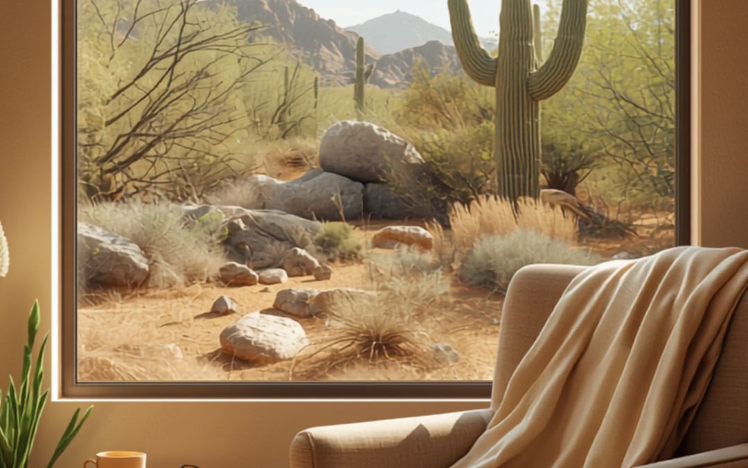 A cozy, sunlit Tucson living room with a comfortable armchair and desert view, ideal for aging in place at home