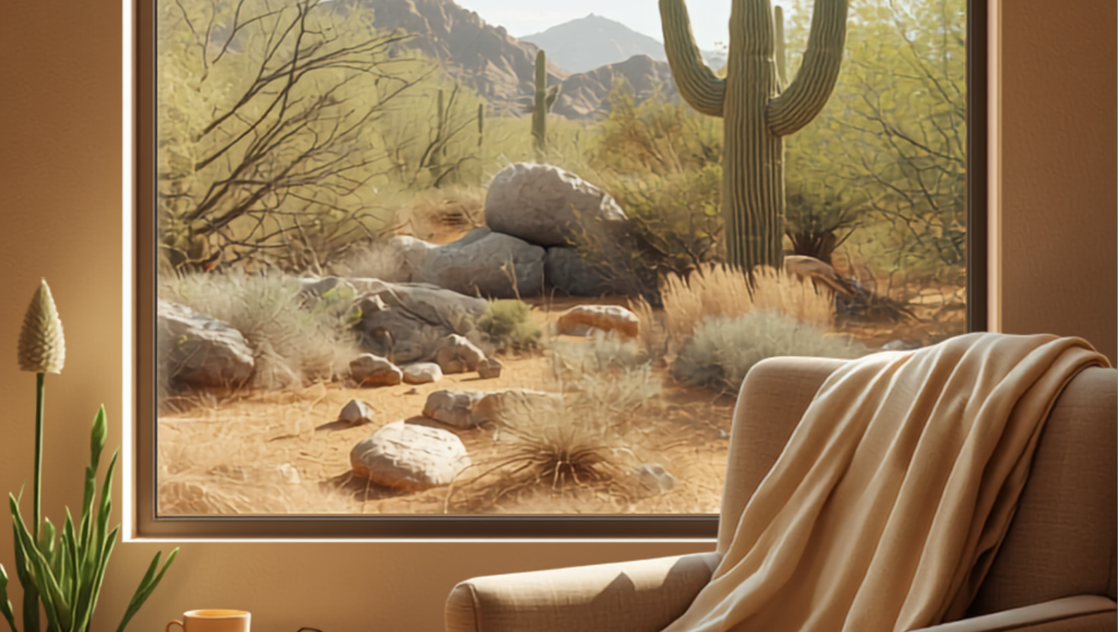 A cozy, sunlit Tucson living room with a comfortable armchair and desert view, ideal for aging in place at home
