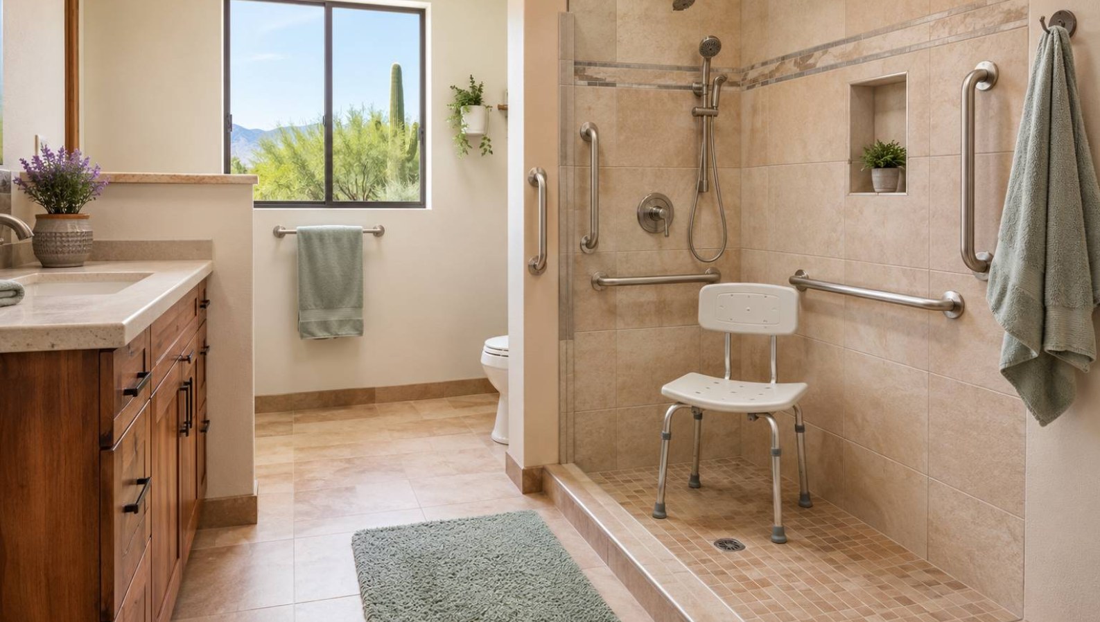A clean bathroom with sturdy safety grab bars, a non-slip mat and a shower chair supporting fall prevention for seniors
