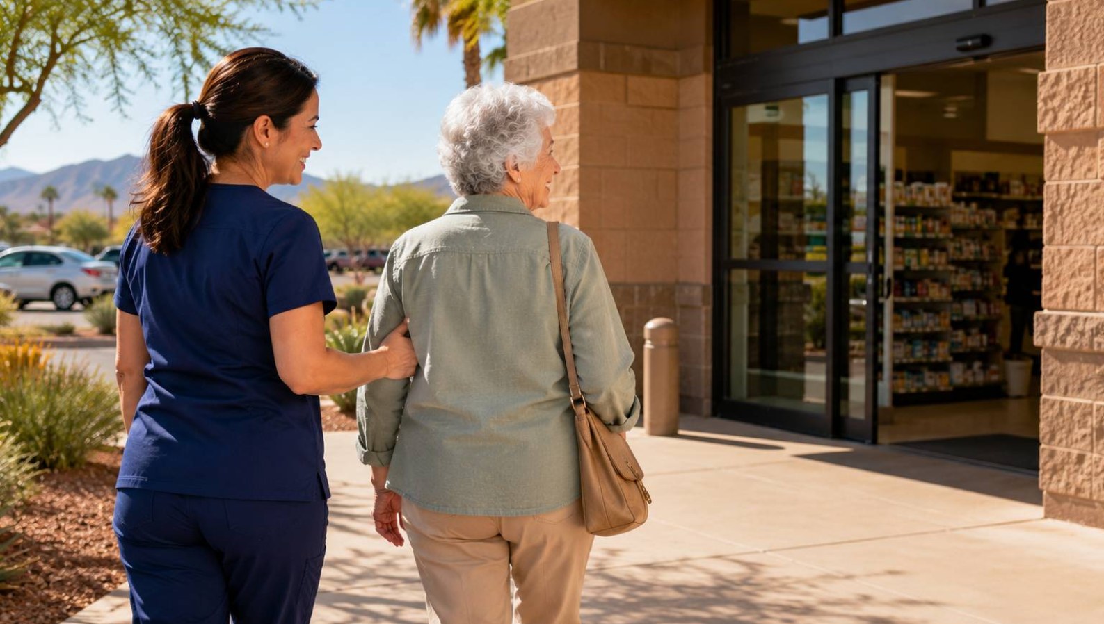 A caregiver and a cheerful senior walking together to a store, staying active and independent