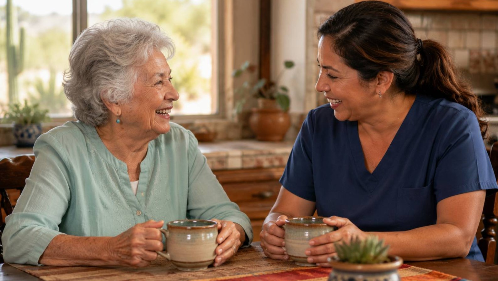 A caregiver and an elderly woman laughing together over cups of tea, companion care