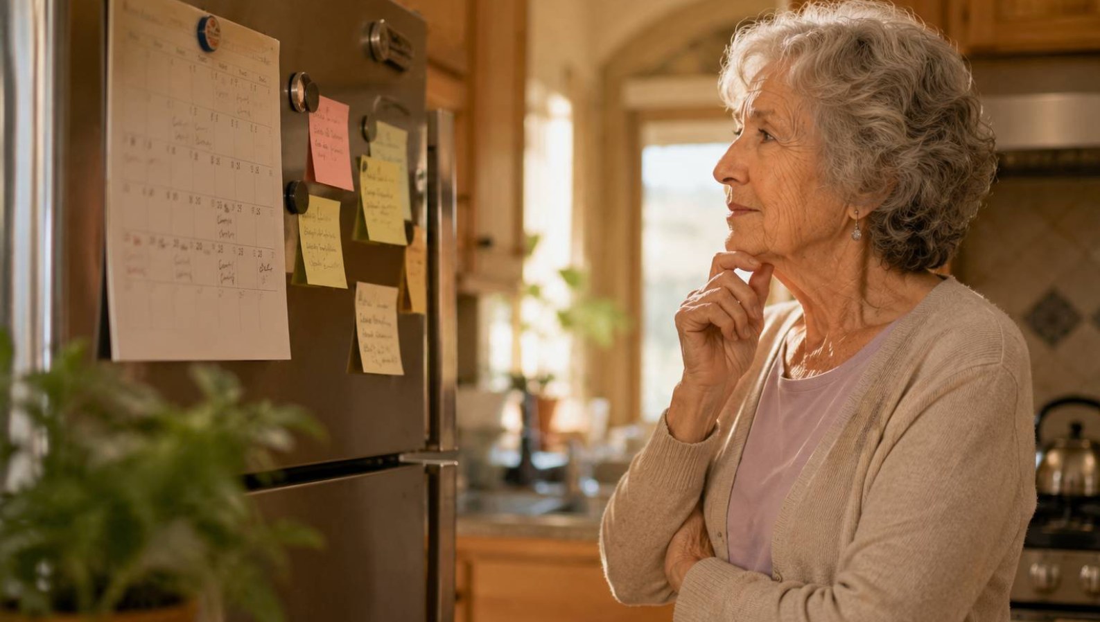 An older adult looking at a calendar and notes on the refrigerator, a subtle early sign of dementia