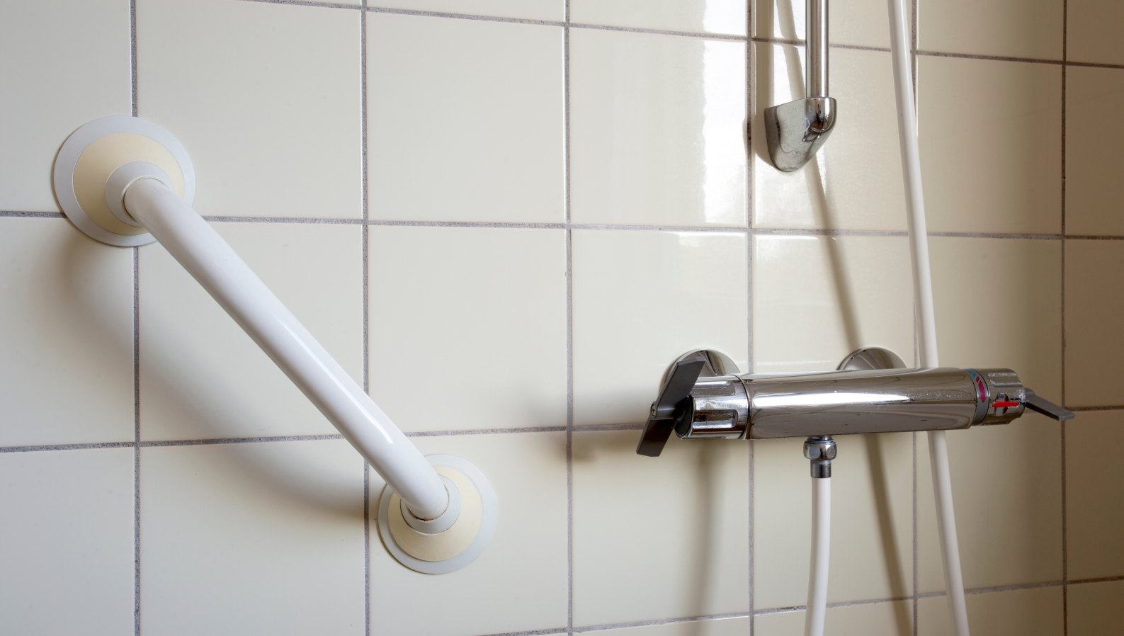 A bathroom with grab bars and a shower handrail for senior safety